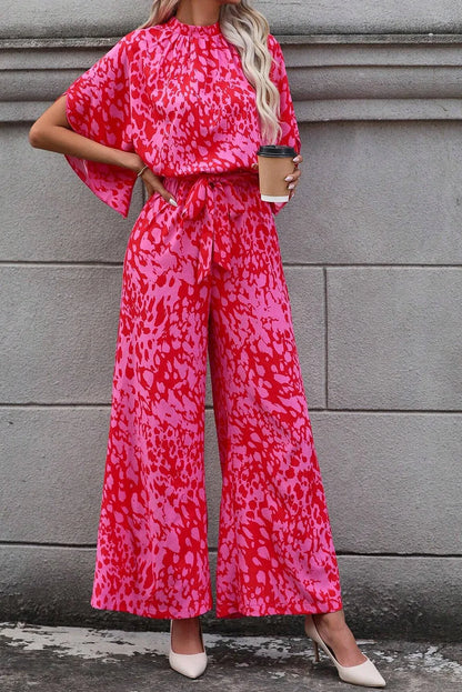 Rose Leopard Loose Sleeve Belted Wide Leg Jumpsuit - Chic Meadow Boutique 