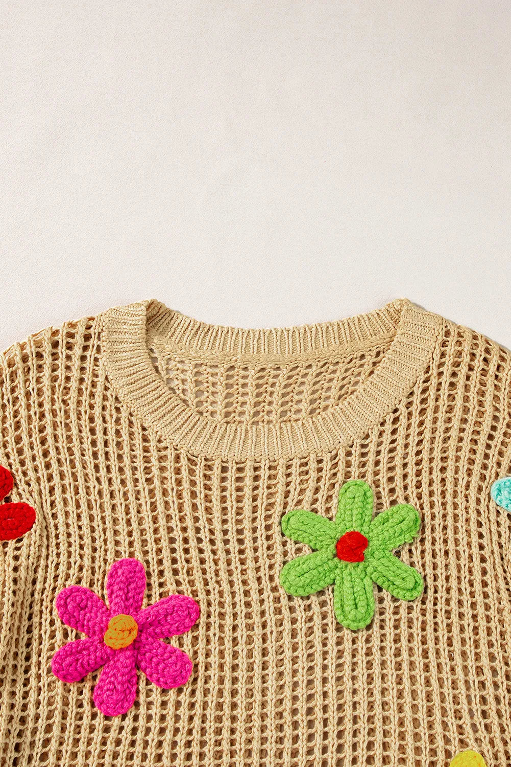 Light French Beige Crochet Flower Hollow-out Sweater T Shirt - Chic Meadow Boutique 