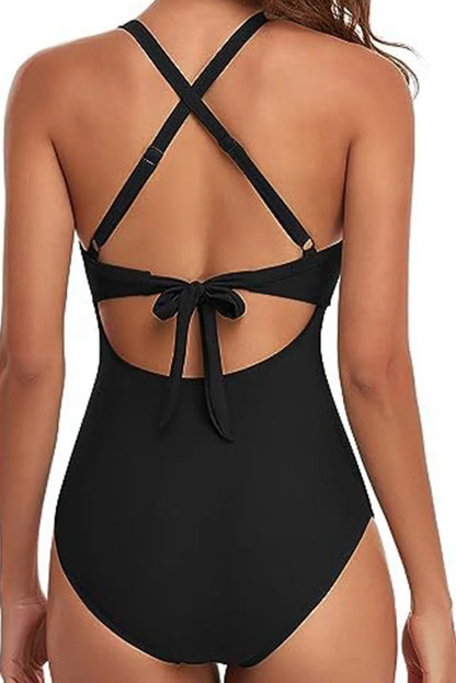 Black 2-tone Crossed Cutout Backless Monokini - Chic Meadow Boutique 