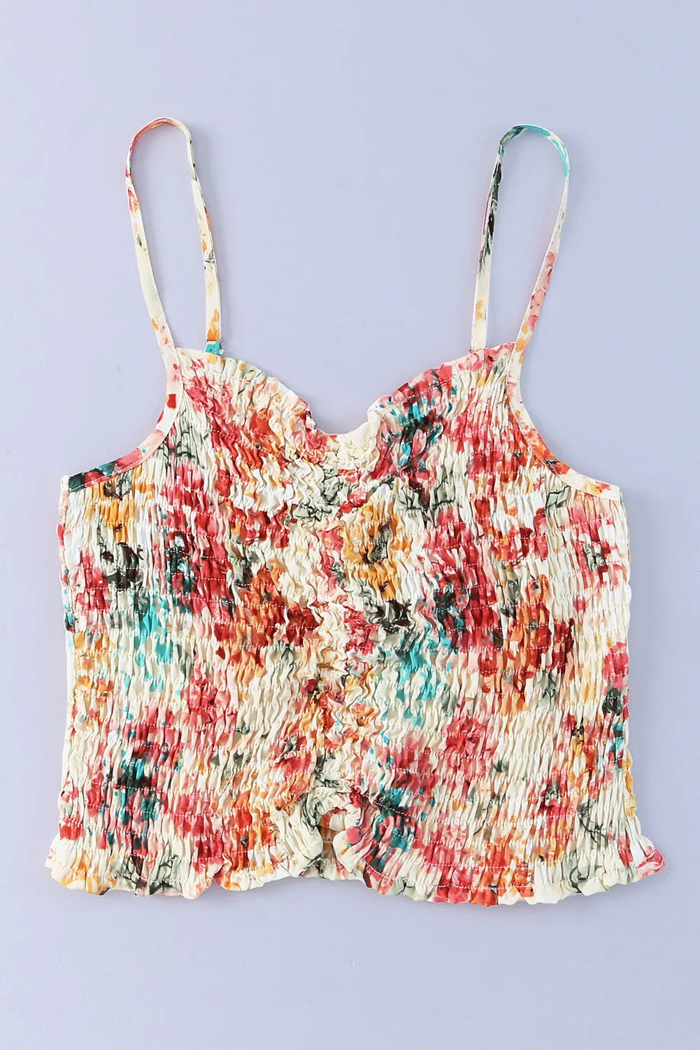 Apricot Floral Print Smocked Ruched Tank Top - Chic Meadow Boutique 