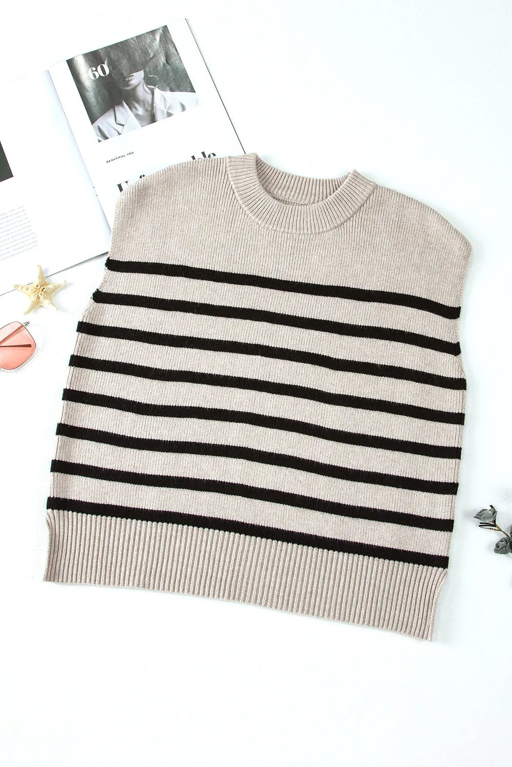 Apricot Stripe Boxy Knitted Round Neck Sweater Tank - Chic Meadow Boutique 