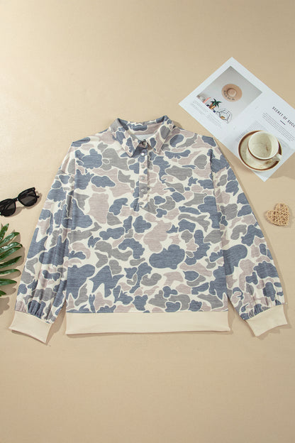Multicolour Casual Camo V-Neck Buttoned Plus Size Sweatshirt