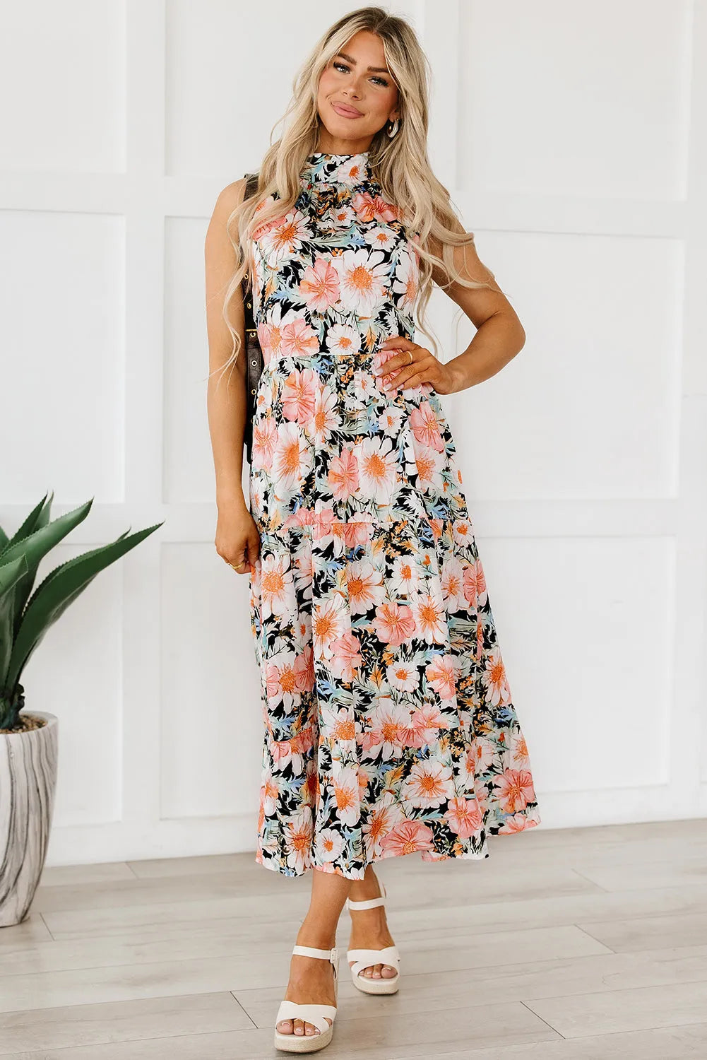 Black Boho Floral Print Knotted Halter Ruffled Maxi Dress - Chic Meadow Boutique 