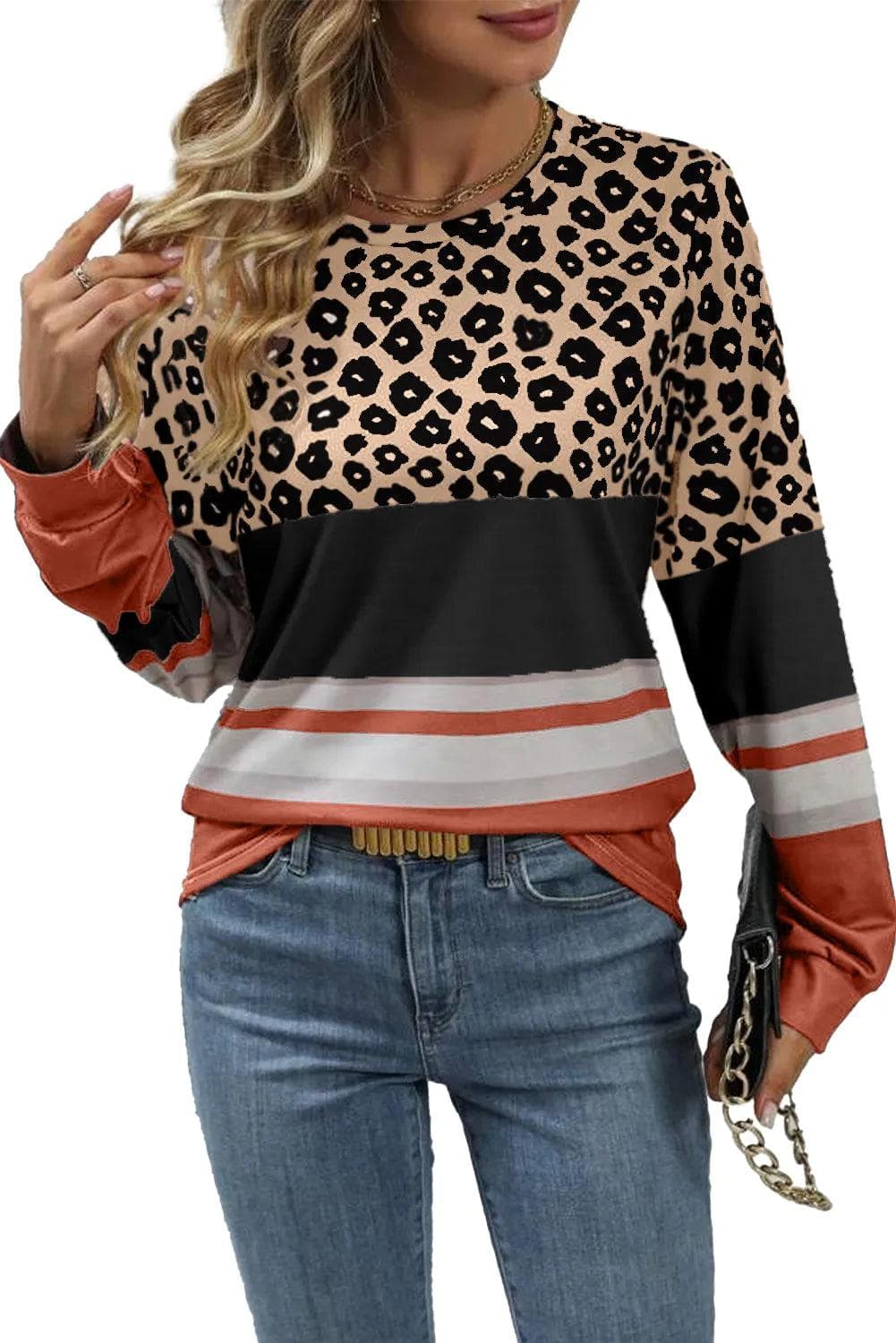 Tops/Long Sleeve Tops Khaki Leopard Color Block Crewneck Long Sleeve Top