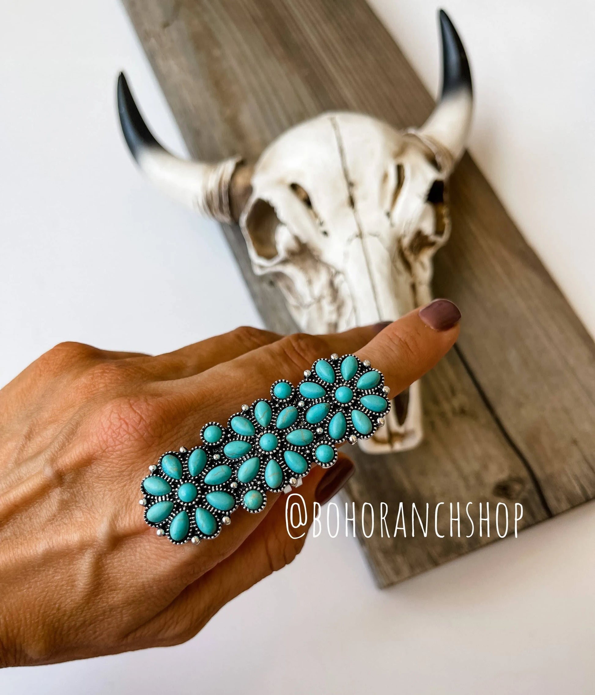 Jewelry White Western Adjustable Cluster Cuff Ring | turquoise or copper