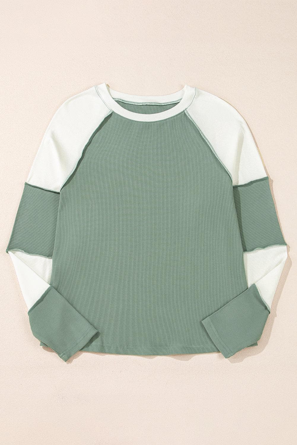 Tops/Long Sleeve Tops Mint Green Ribbed Colorblock Patchwork Raglan Long Sleeve Top