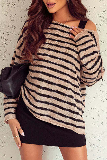 Striped Print Dropped Shoulder Loose Sleeve Sweater - Chic Meadow Boutique 