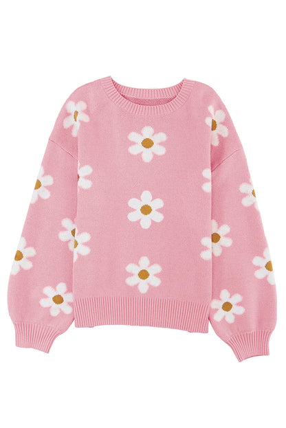 Pink Floral Pattern Drop Shoulder Sweater - Chic Meadow Boutique 