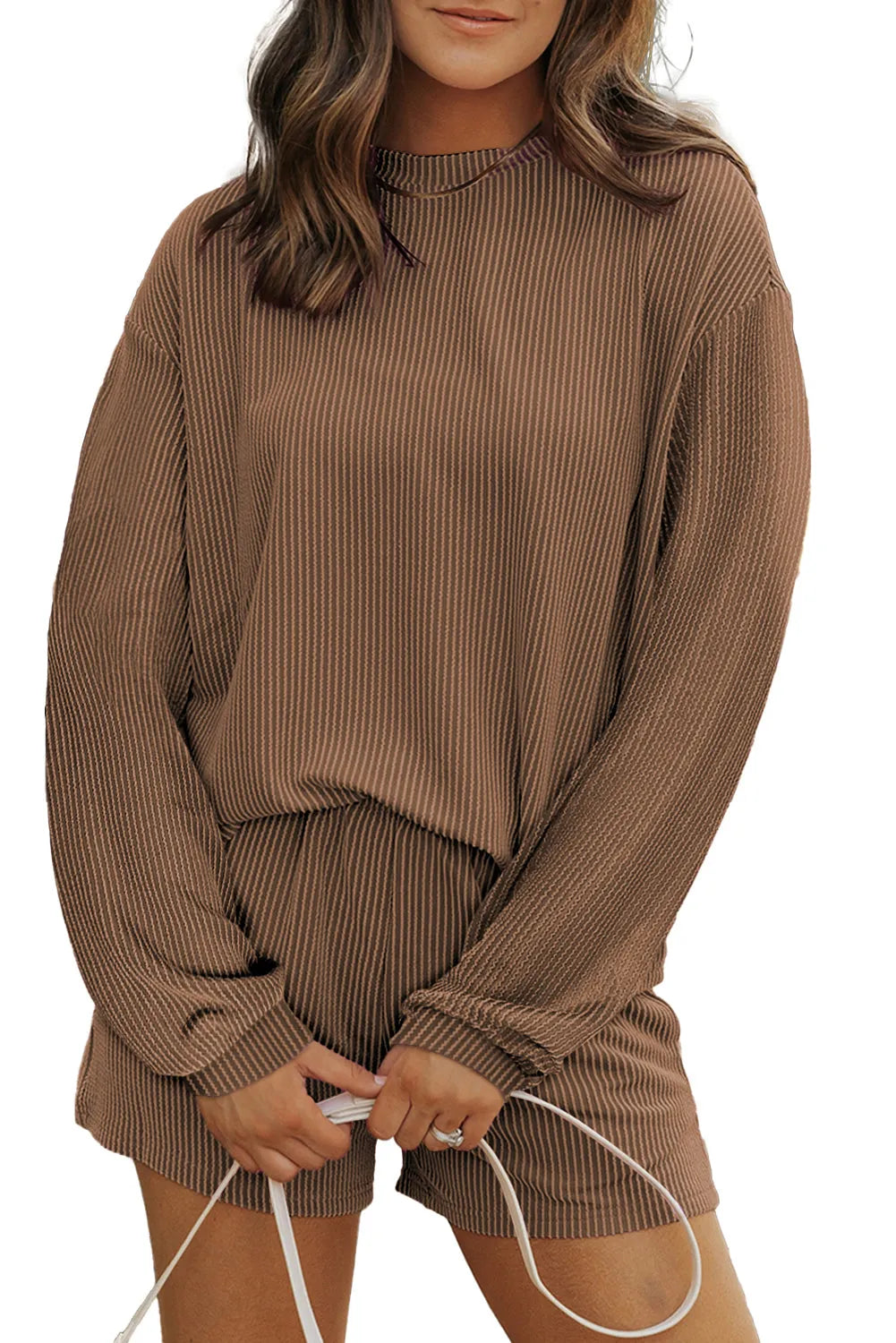 Chestnut Corded Knit Long Sleeve Top and High Waist Shorts Set - Chic Meadow Boutique 