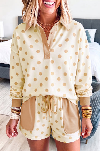 Khaki Polka Dot Drop Shoulder Polo Loose Pullover Patch Pocket Casual Shorts Set