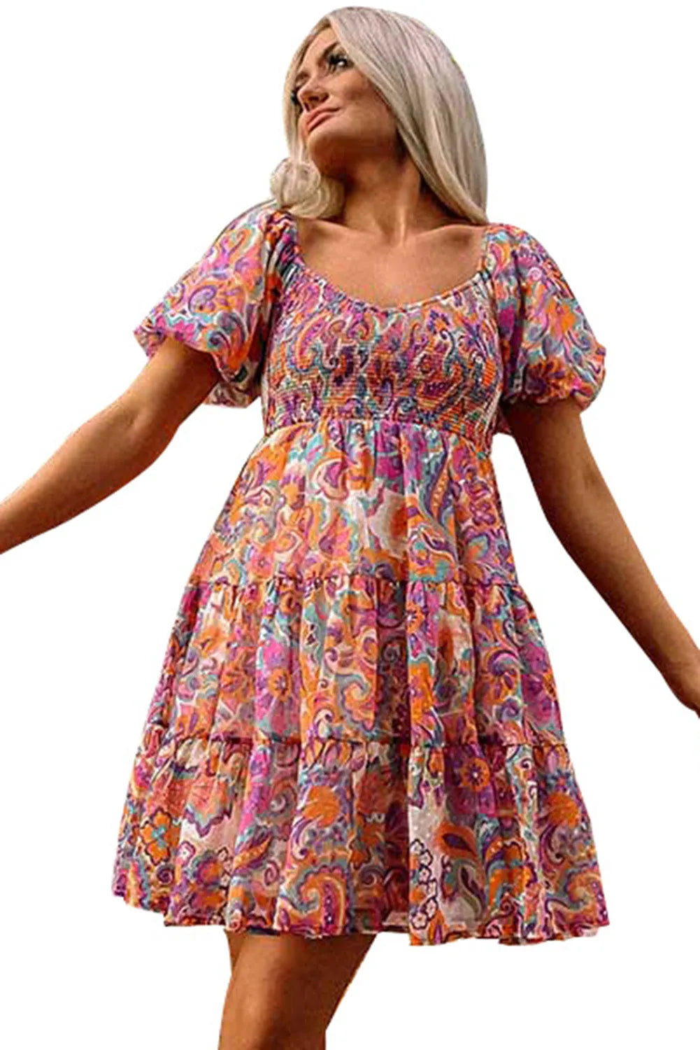 Multicolor Boho Print Smocked Ruffled Puff Sleeve Mini Dress - Chic Meadow Boutique 