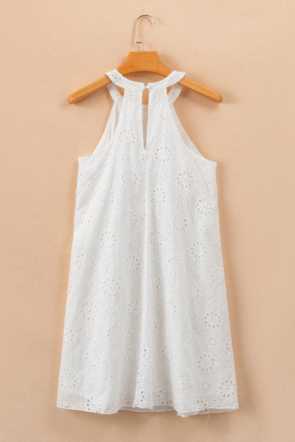 White Boho Eyelet Pattern Halter Neck Sleeveless Dress - Chic Meadow Boutique 