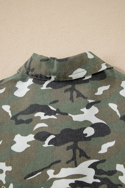 Green Camo Chest Pockets Loose Jean Jacket