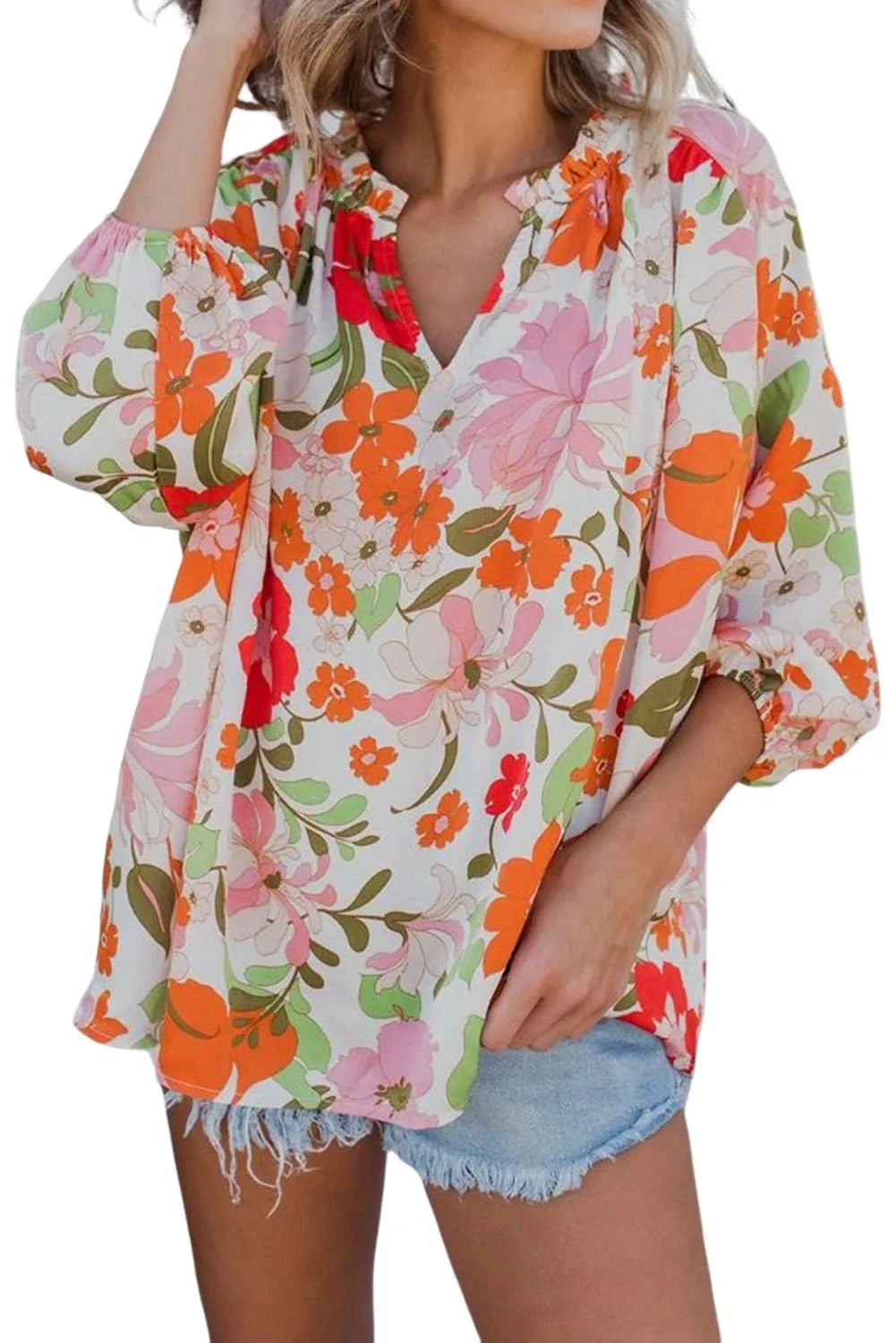 Orange Blooming Flowers Frill Trim Puff Sleeve Blouse - Chic Meadow Boutique 