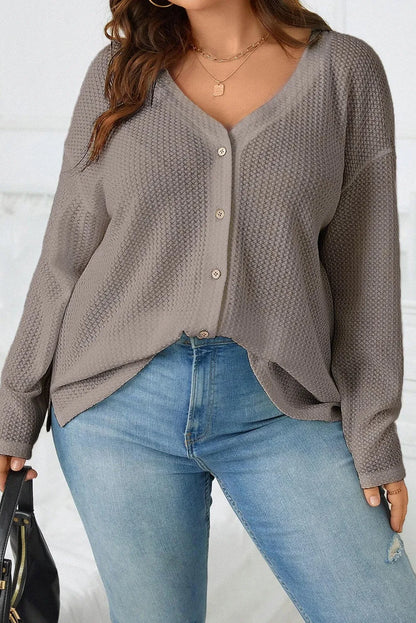 Simply Taupe Waffle Knit Drop Shoulder Button V Neck Plus Size Top - Chic Meadow Boutique 