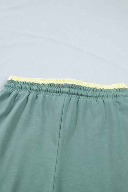 Sea Green Color Block Flower Patchwork Drawstring Contrasted Elastic Waist Wide Leg Pants