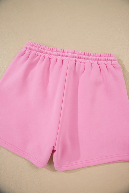 Strawberry Pink Color Block Pullover and Lace-up Elastic Waist Shorts Set