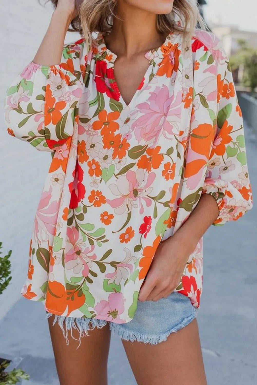 Orange Blooming Flowers Frill Trim Puff Sleeve Blouse - Chic Meadow Boutique 