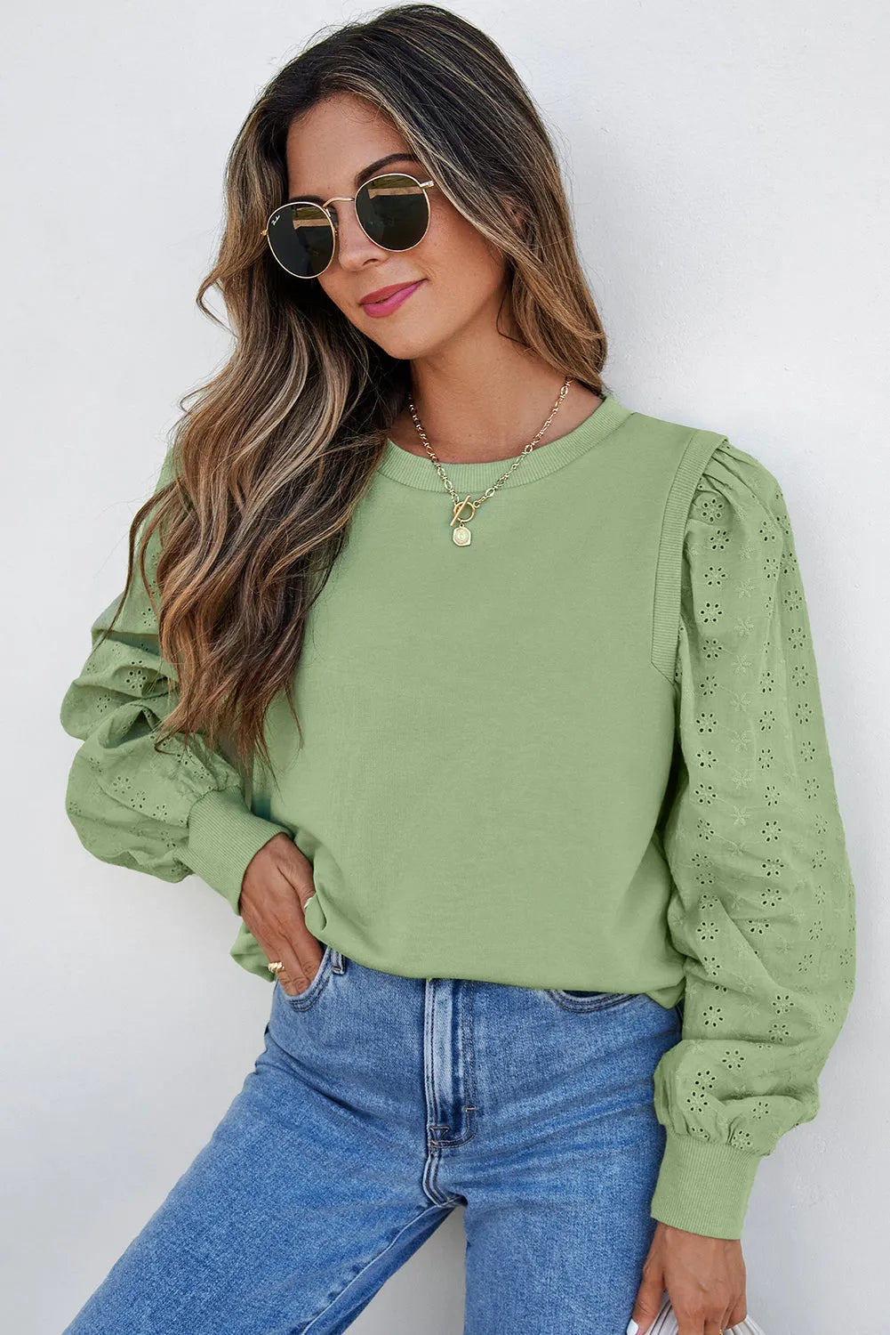 Mist Green Solid Patchwork Sleeve Round Neck Sweatshirt - Chic Meadow Boutique 