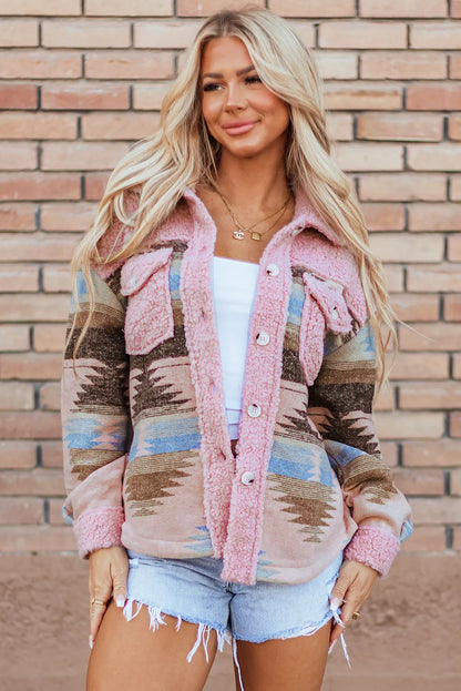 Pink Western Aztec Print Sherpa Splicing Buttoned Flap Pocket Coat - Chic Meadow Boutique 