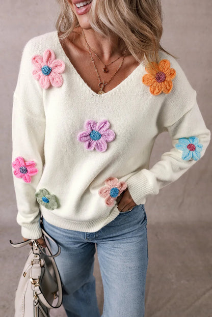 White Crochet Flower V Neck Sweater - Chic Meadow Boutique 