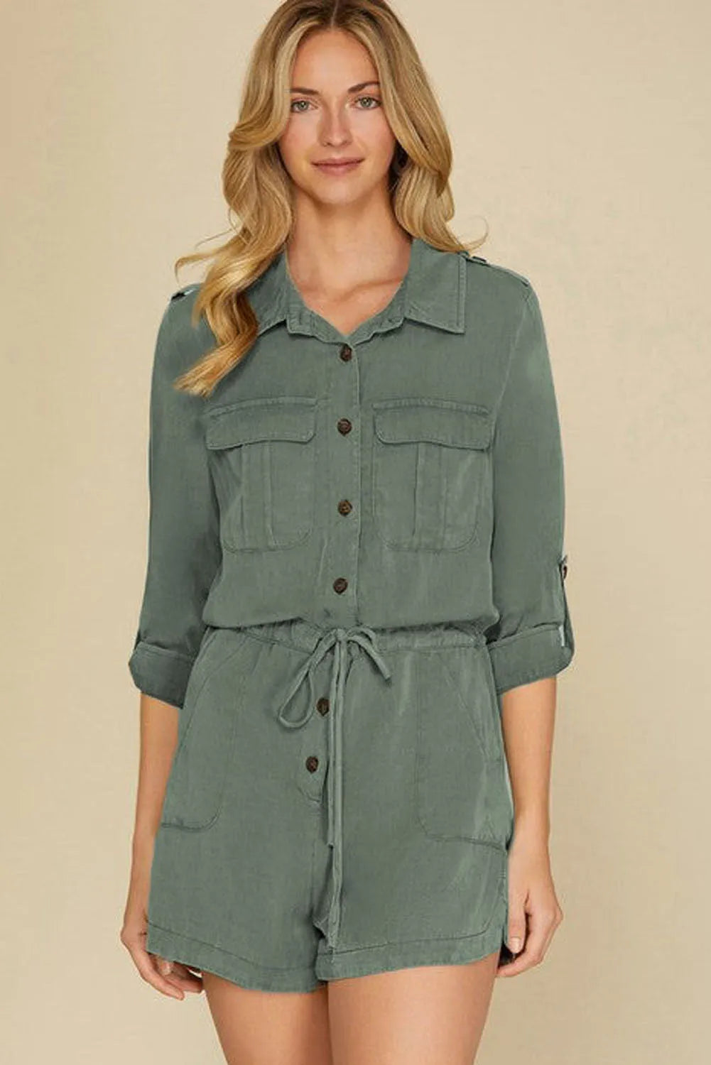 Jungle Green Roll up Sleeve Flap Pockets Drawstring Playsuit - Chic Meadow Boutique 