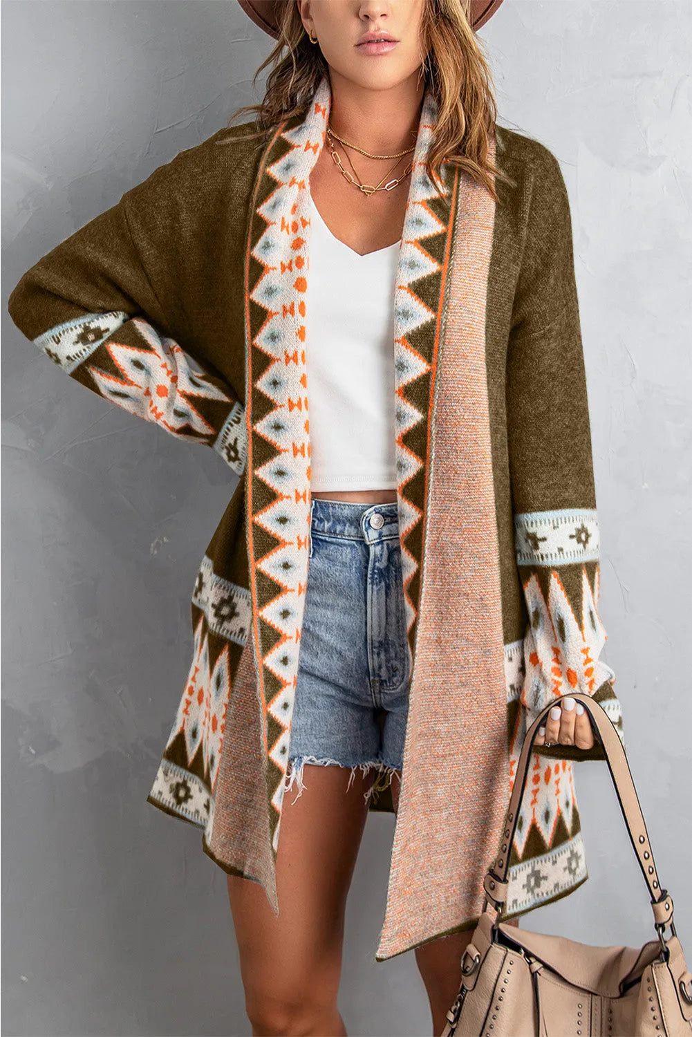 Brown Aztec Print Open Front Knitted Cardigan - Chic Meadow Boutique 