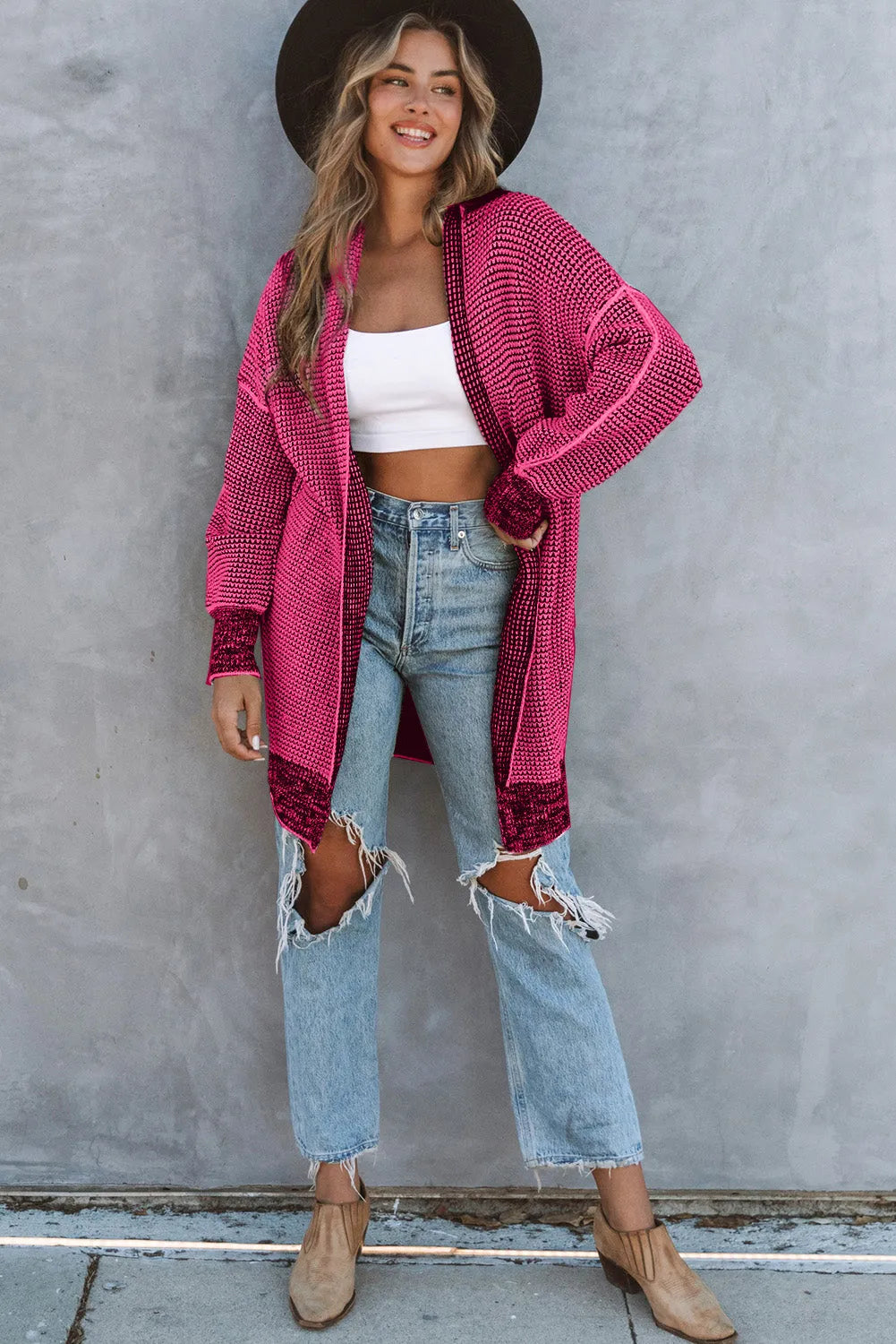 Rose Plaid Knitted Long Open Front Cardigan - Chic Meadow Boutique 