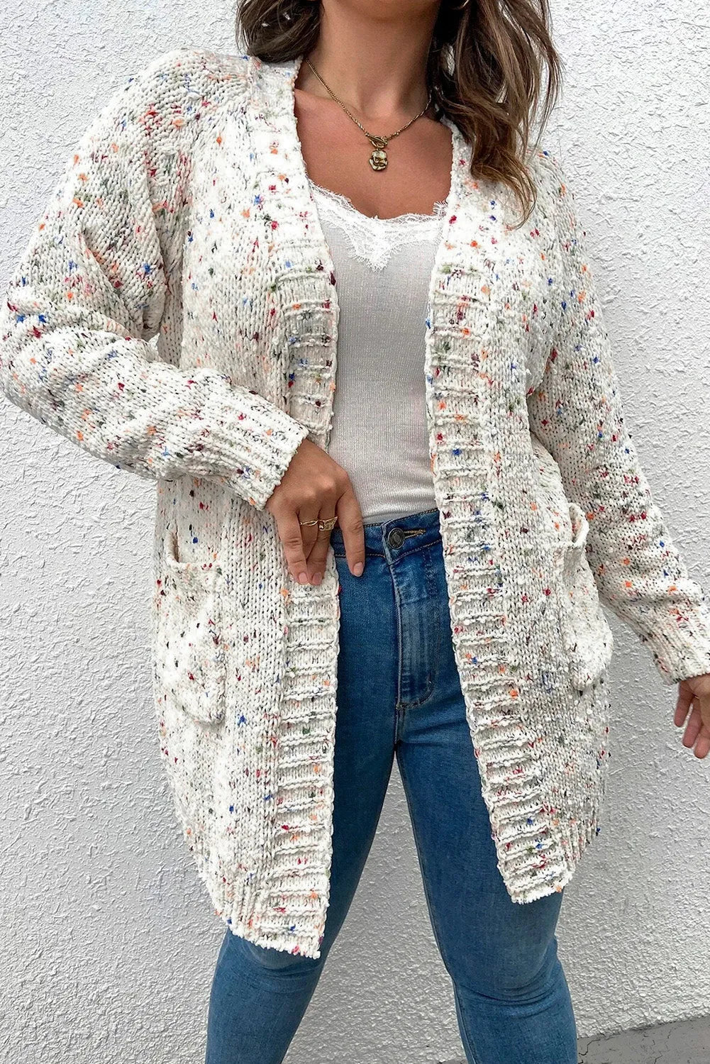 White Rainbow Popcorn Speckles Open Front Cardigan - Chic Meadow Boutique 