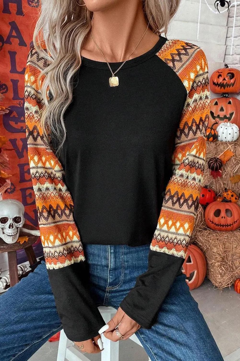 Tops/Long Sleeve Tops Orange Geo Print Raglan Patchwork Long Sleeve Tee