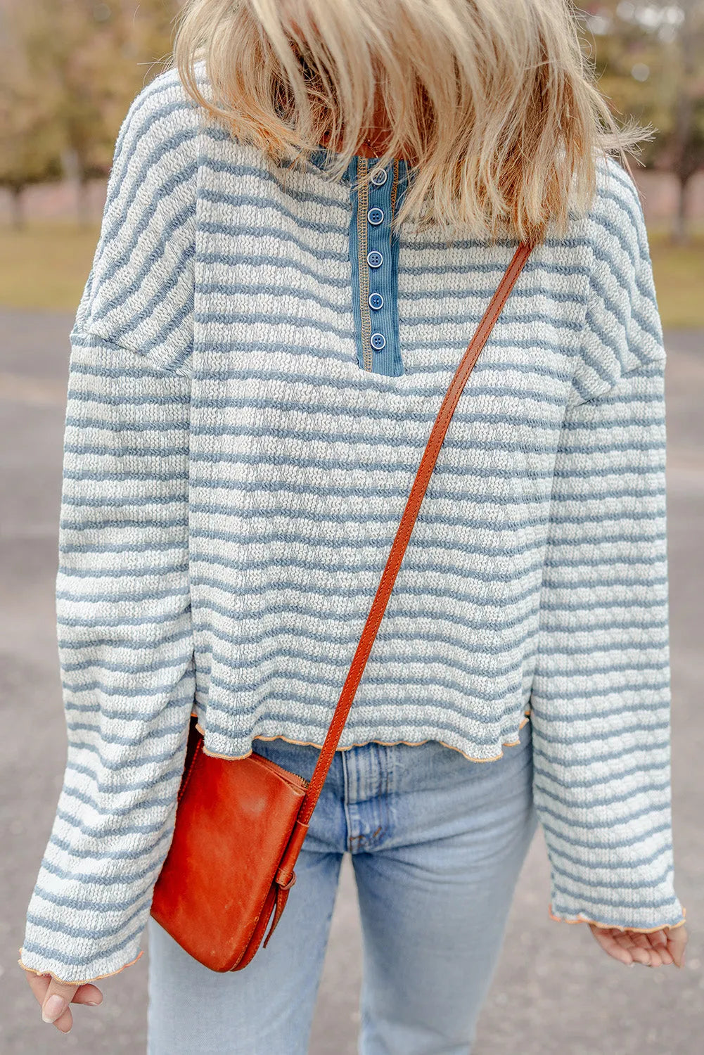 Sky Blue Stripe Textured Frilly Trim Buttons Henley Long Sleeve Top - Chic Meadow Boutique 