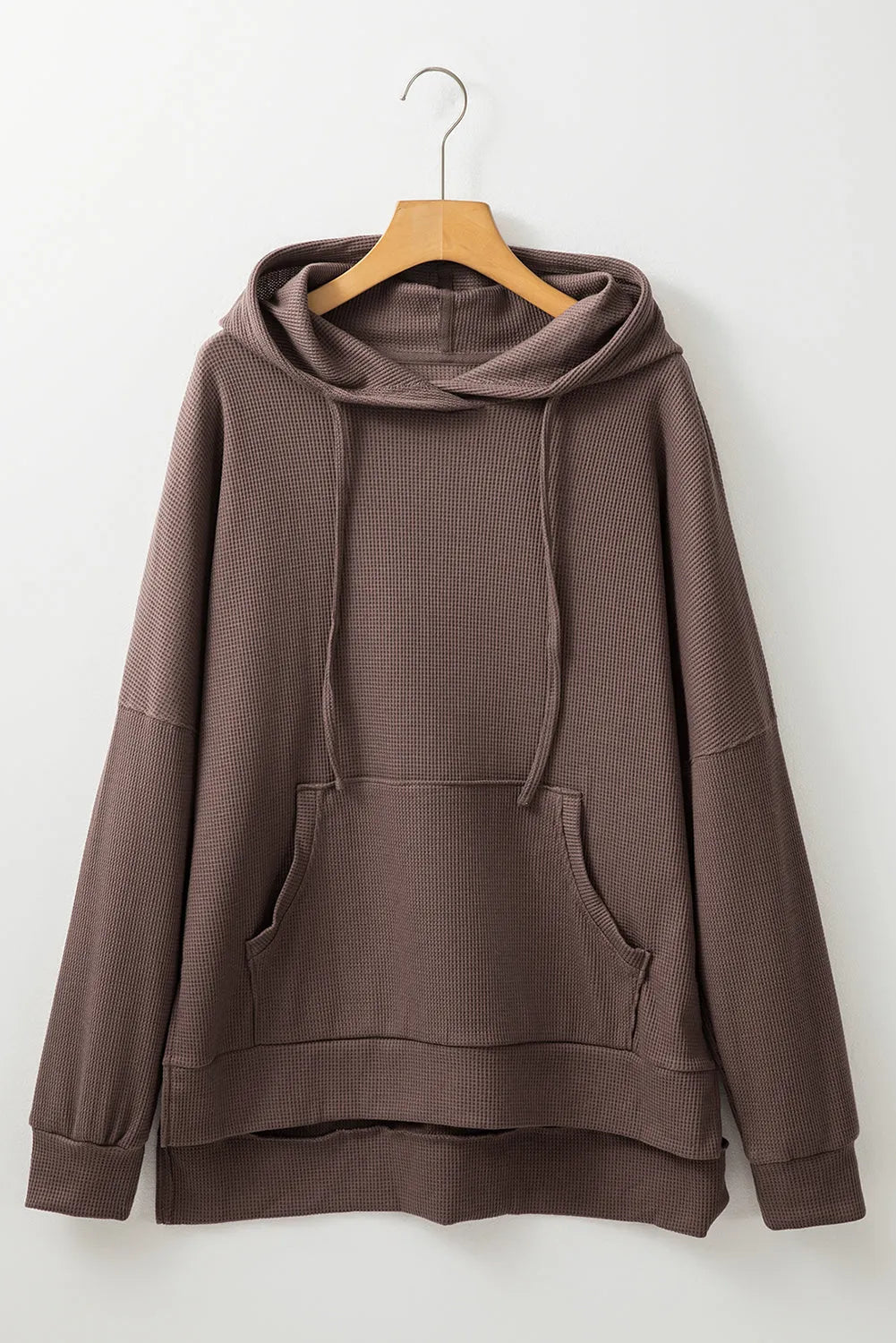 Coffee Waffle Knit Fleece Lined High Low Oversized Hoodie - Chic Meadow Boutique 