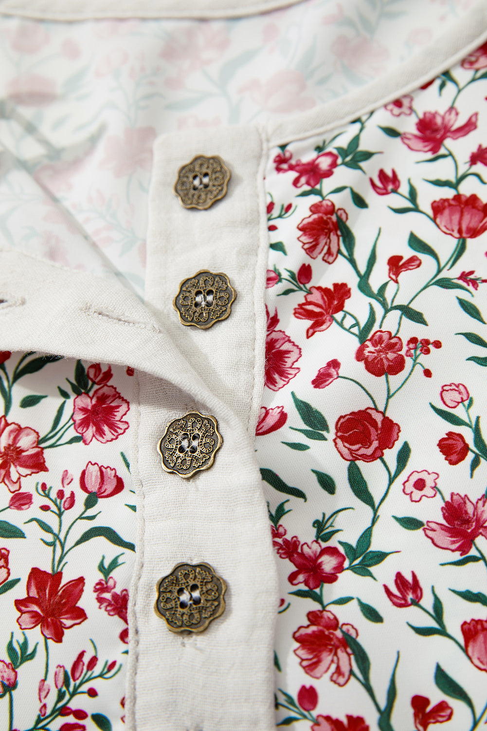 Red Floral Print Gauze Patchwork Henley Button 3/4 Sleeve Blouse