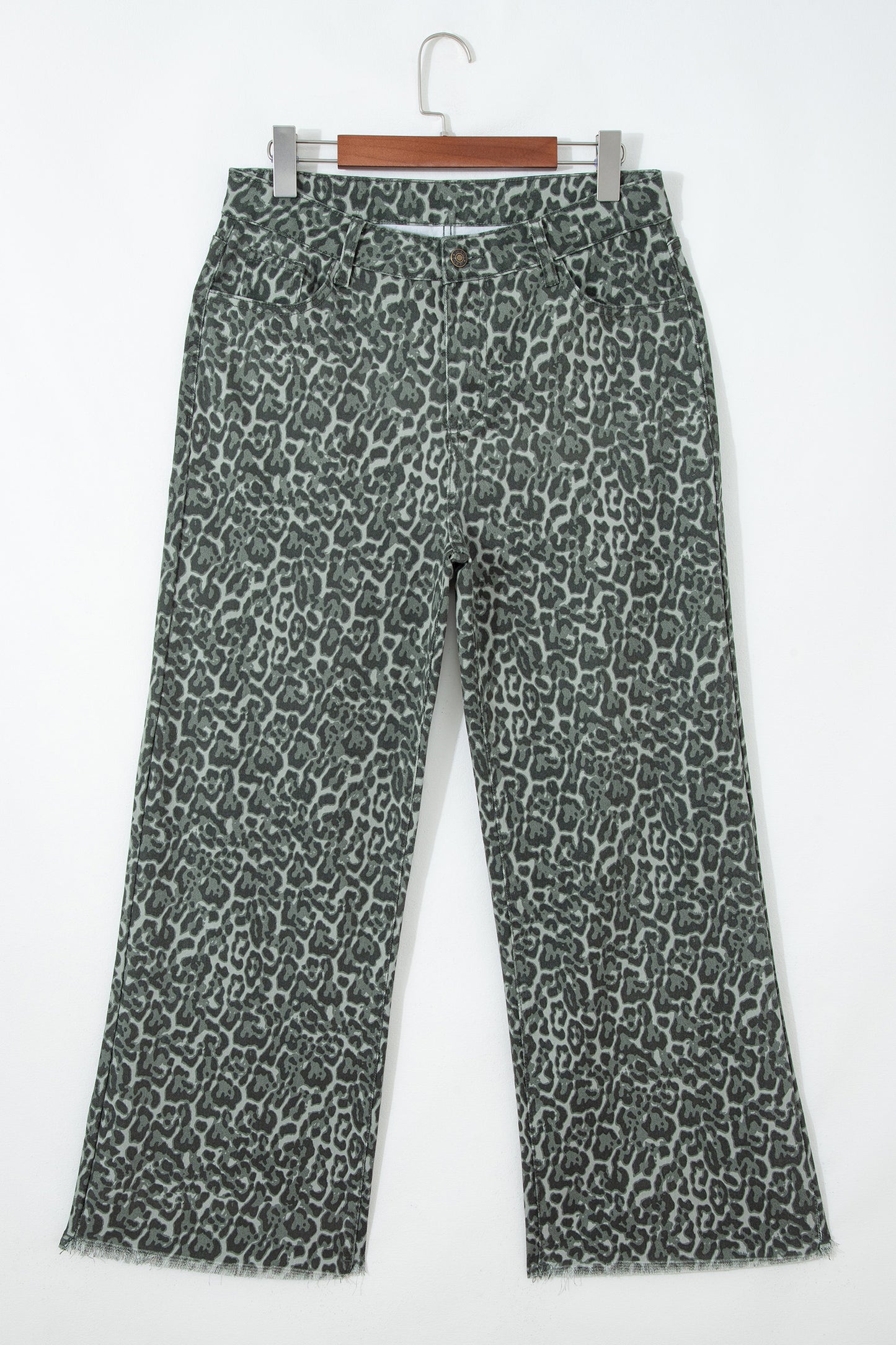 Gray Leopard Frayed Edge Wide Leg High Waist Jeans