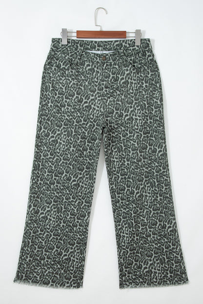 Gray Leopard Frayed Edge Wide Leg High Waist Jeans