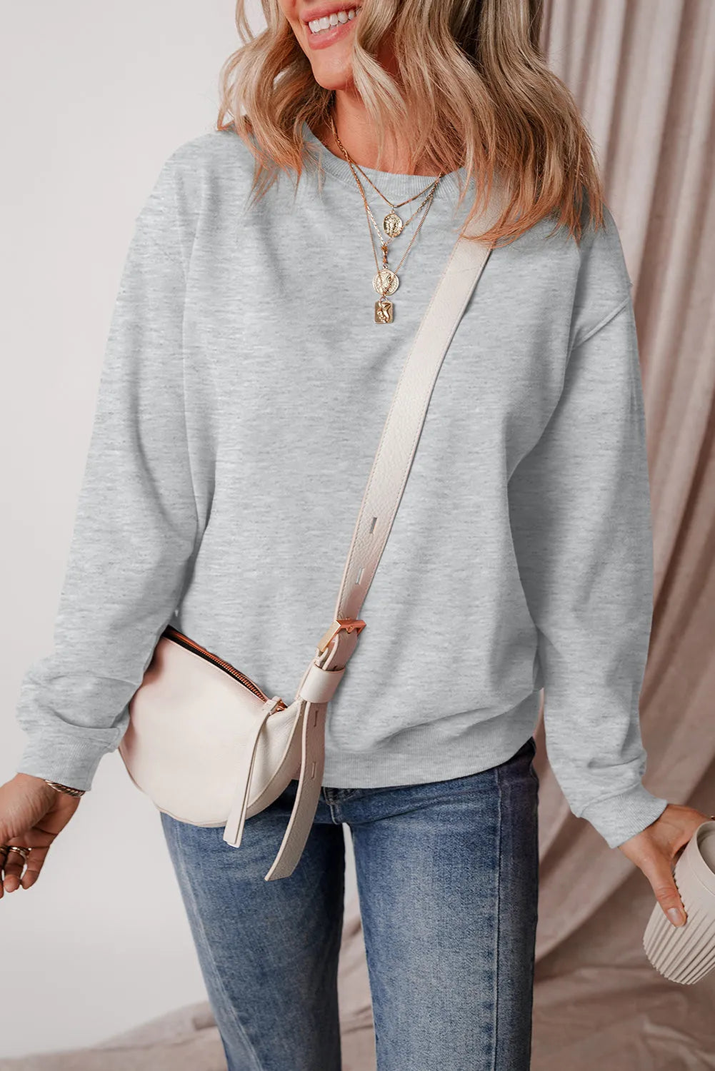 Gray Solid Fleece Lined Drop Shoulder Terry Sweatshirt - Chic Meadow Boutique 