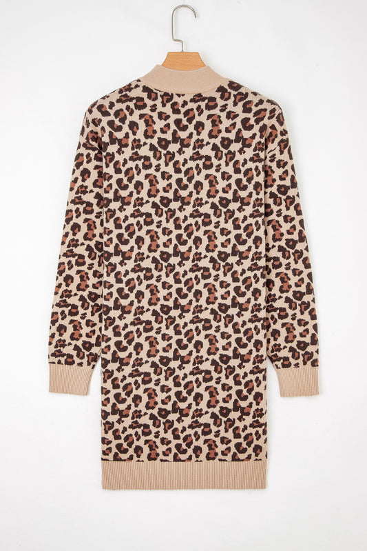 Khaki Leopard Print High Neck Shift Mini Sweater Dress