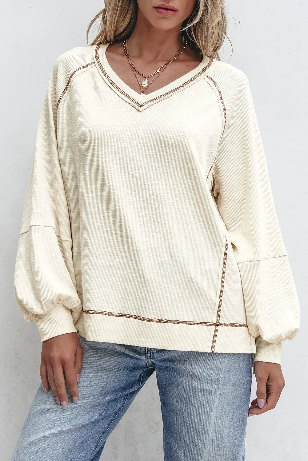 Beige Exposed Seam Textured Knit V Neck Pullover Top - Chic Meadow Boutique 