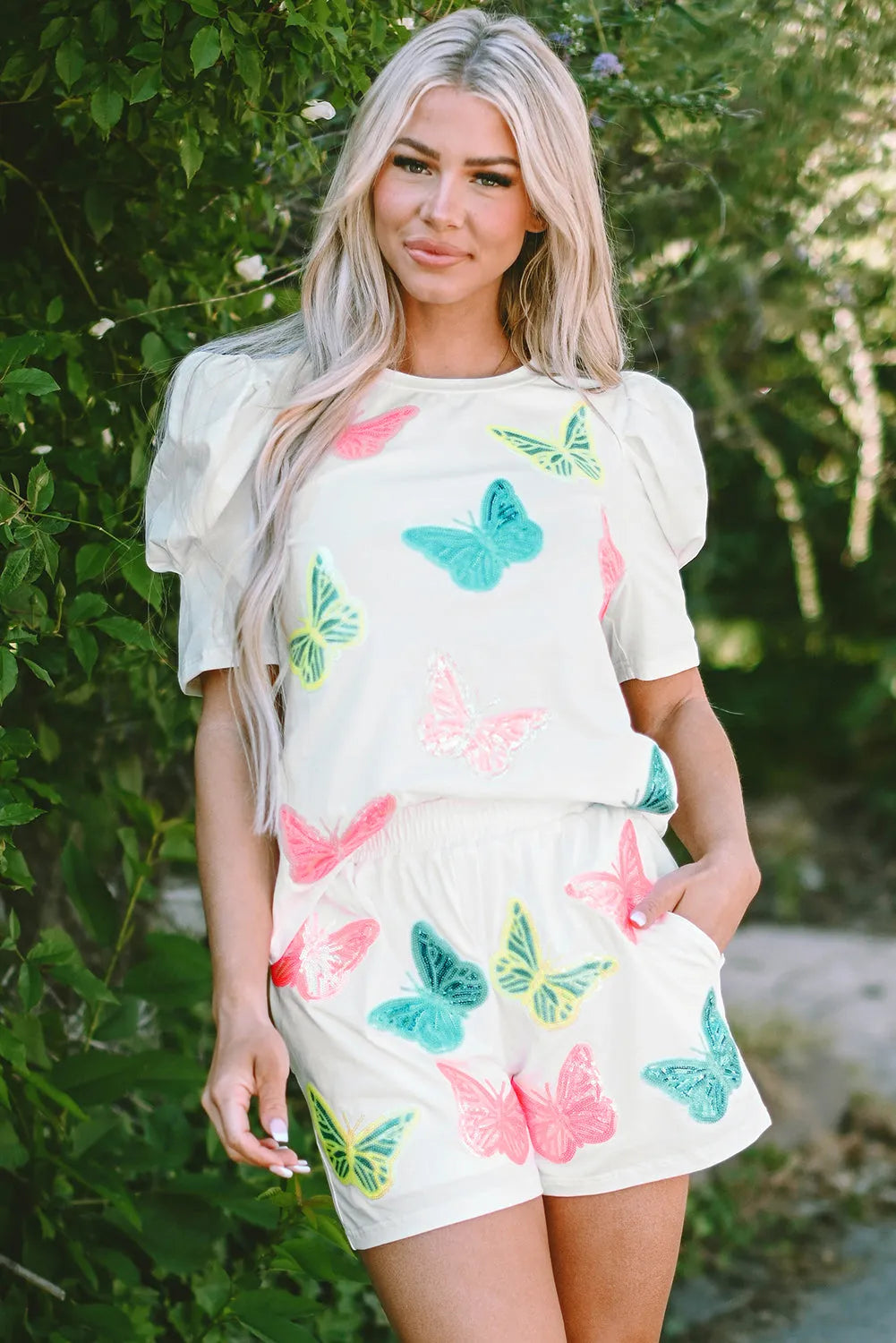 White Colorful Sequin Butterfly Puff Sleeve Top Shorts Set - Chic Meadow Boutique 