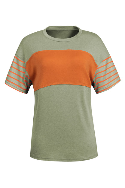 Laurel Green Color Block Striped Detail Loose T Shirt