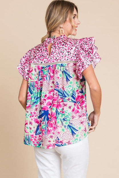 Pink Floral Mixed Print Ruffle Cap Sleeve Blouse