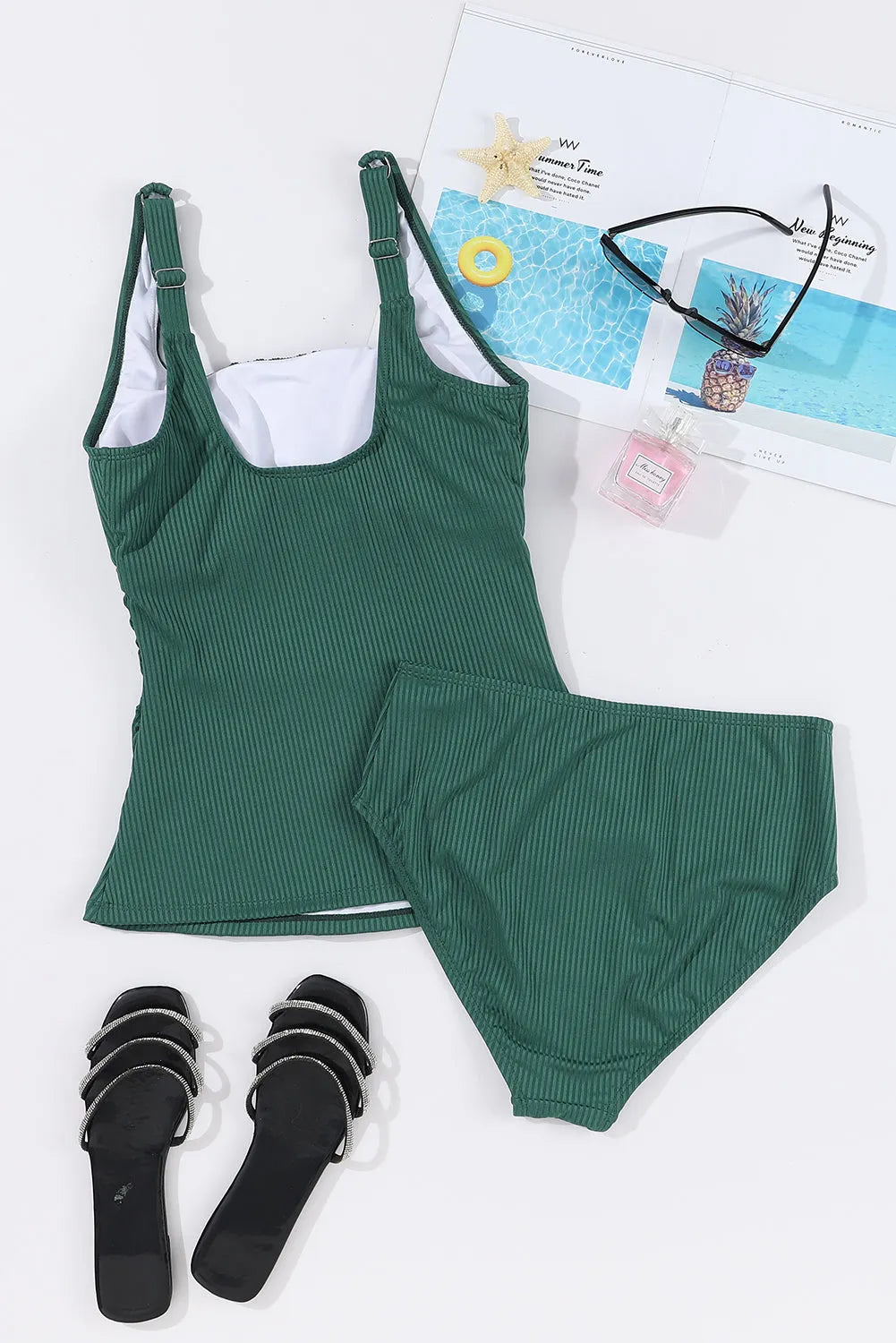 Blackish Green Ruched U Neck Ribbed Tankini - Chic Meadow Boutique 