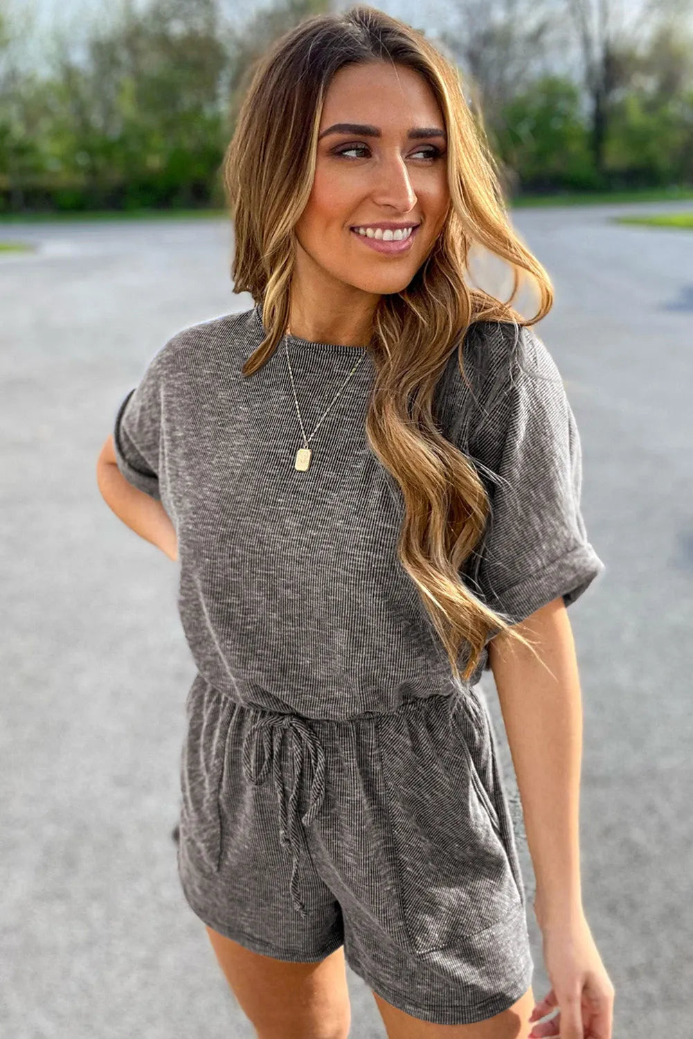 Bottoms/Jumpsuits & Rompers Gray Ribbed Elastic Waist Romper