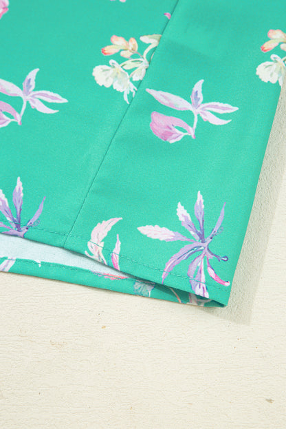 Green Floral Lantern Sleeve Button Front Shirt