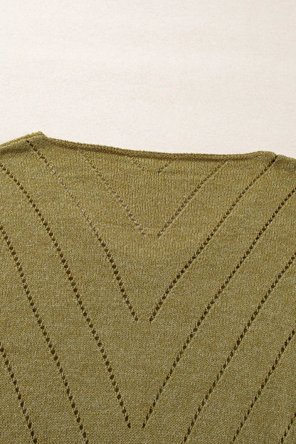 Sage Green Solid Eyelet Drop Shoulder V Neck Sweater - Chic Meadow Boutique 