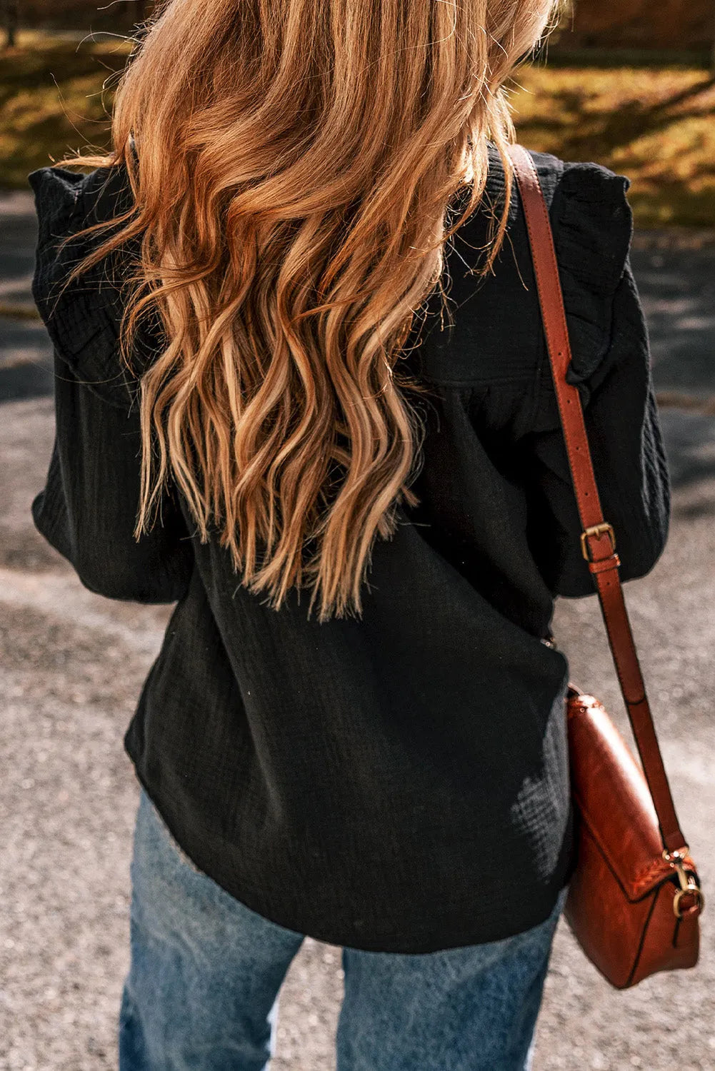 Black Textured Ruffled Trim Buttoned Loose Fit Shirt - Chic Meadow Boutique 