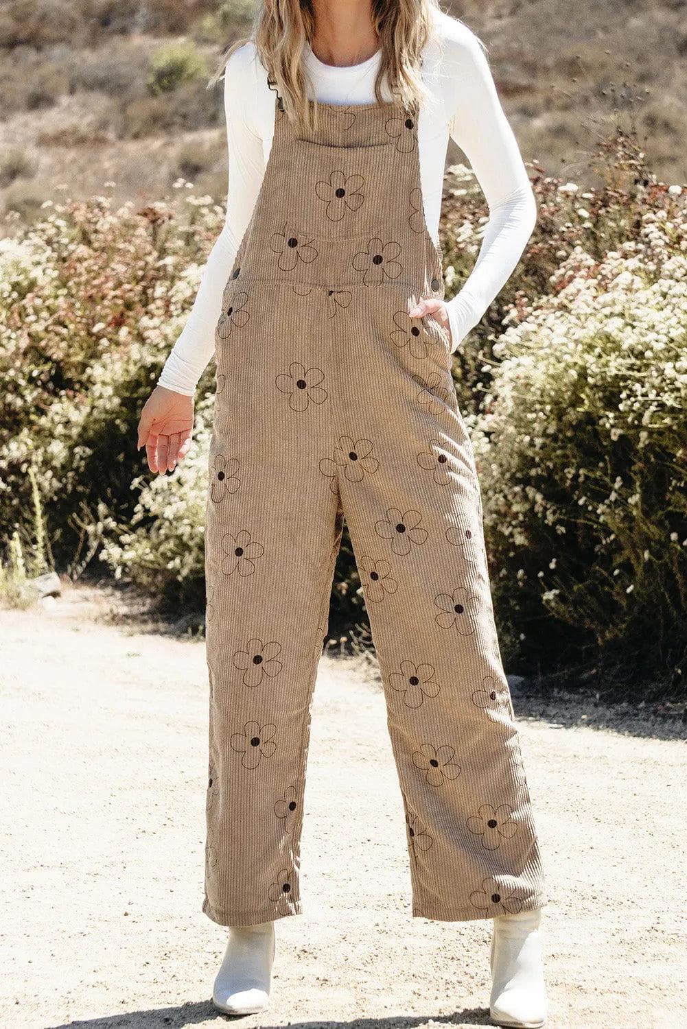 Bottoms/Jumpsuits & Rompers Khaki Flower Print Corduroy Overalls