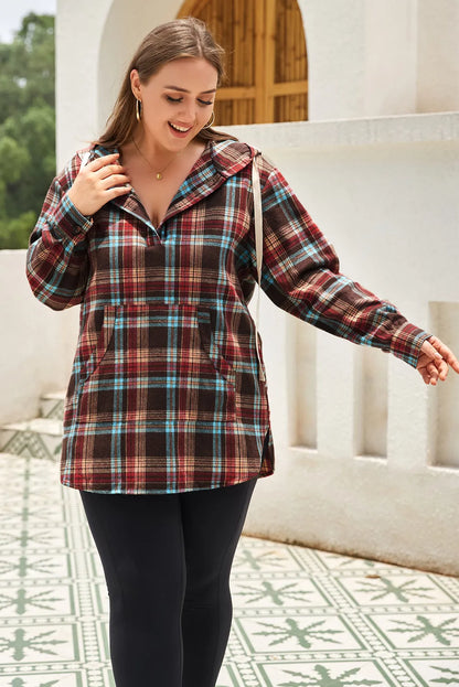 Fiery Red Plus Size Plaid Kangaroo Pocket Drawstring Hoodie - Chic Meadow Boutique 