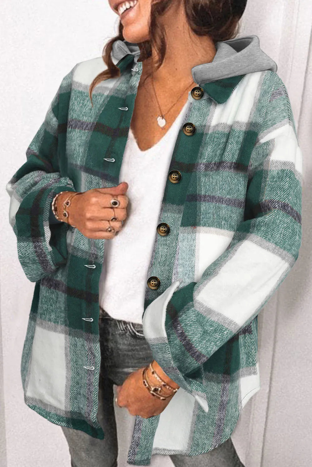 Green Hooded Plaid Button Front Shacket - Chic Meadow Boutique 