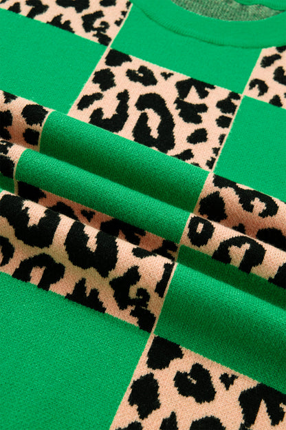 Green Plus Size Leopard Contrasted Checkered Short Sleeve Sweater